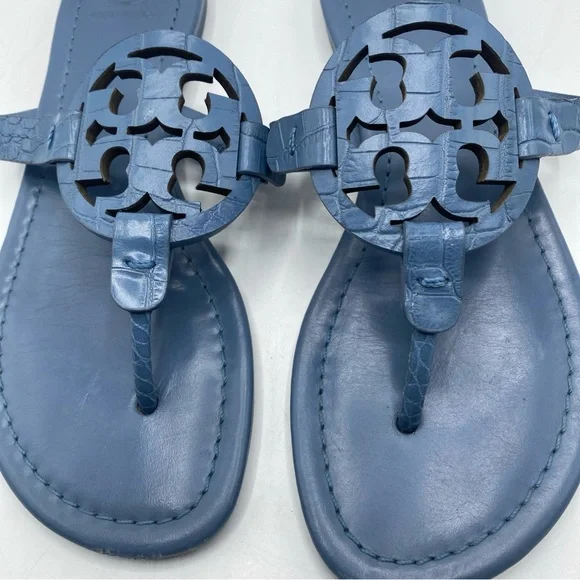 Tory Burch MILLER Leather Thong Sandals Logo Slip On Croc Embossed Women's 6 Blu - Picture 2 of 9